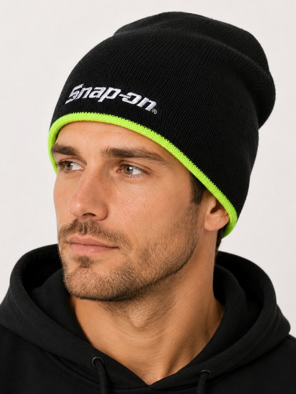 Snap-on Black Beanie with Neon Lime Trim